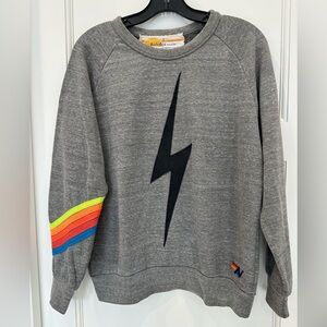 Aviator Nation Bolt Stitch Chevron Crew Sweatshirt heather gray stripes sleeve S